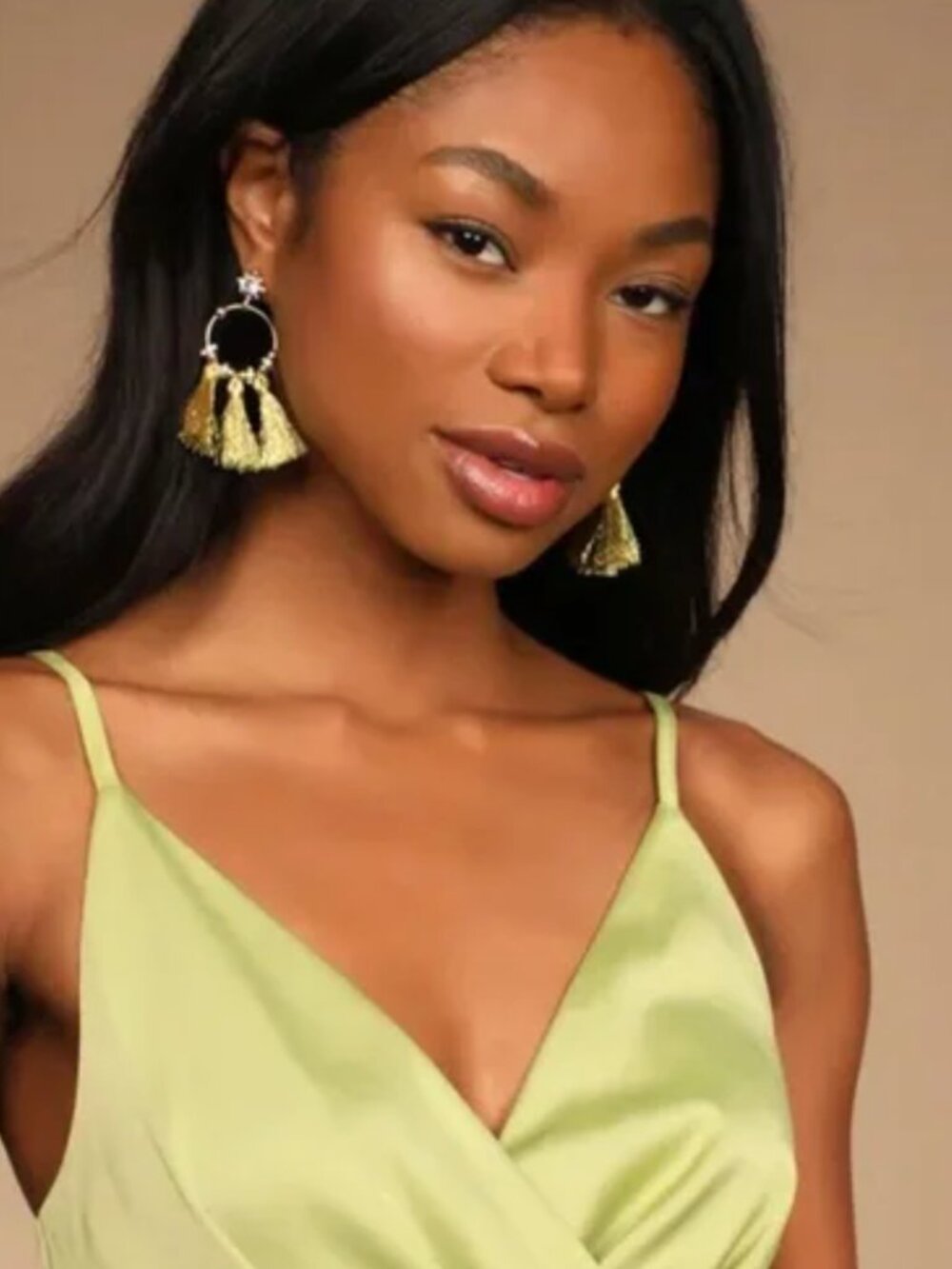 Lulus Chartreuse Satin Surplice Wide-Leg Jumpsuit | Size S - Picture 4 of 7